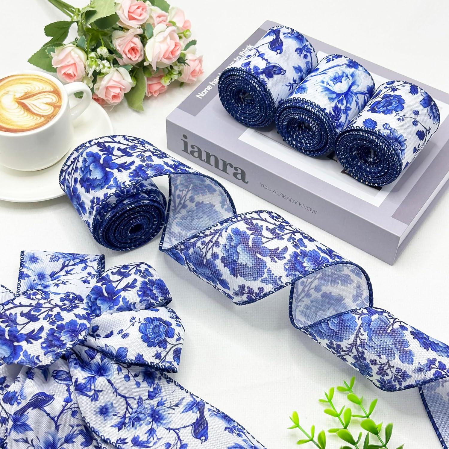 Blue and White Wired Edge Ribbon, 2.5 Inch x 20 Yards Floral Fabric Ribbon for Wreath Bow, DIY Crafts, Gift Wrapping, Wedding, Bridal Shower,4 Rolls (White and Blue)