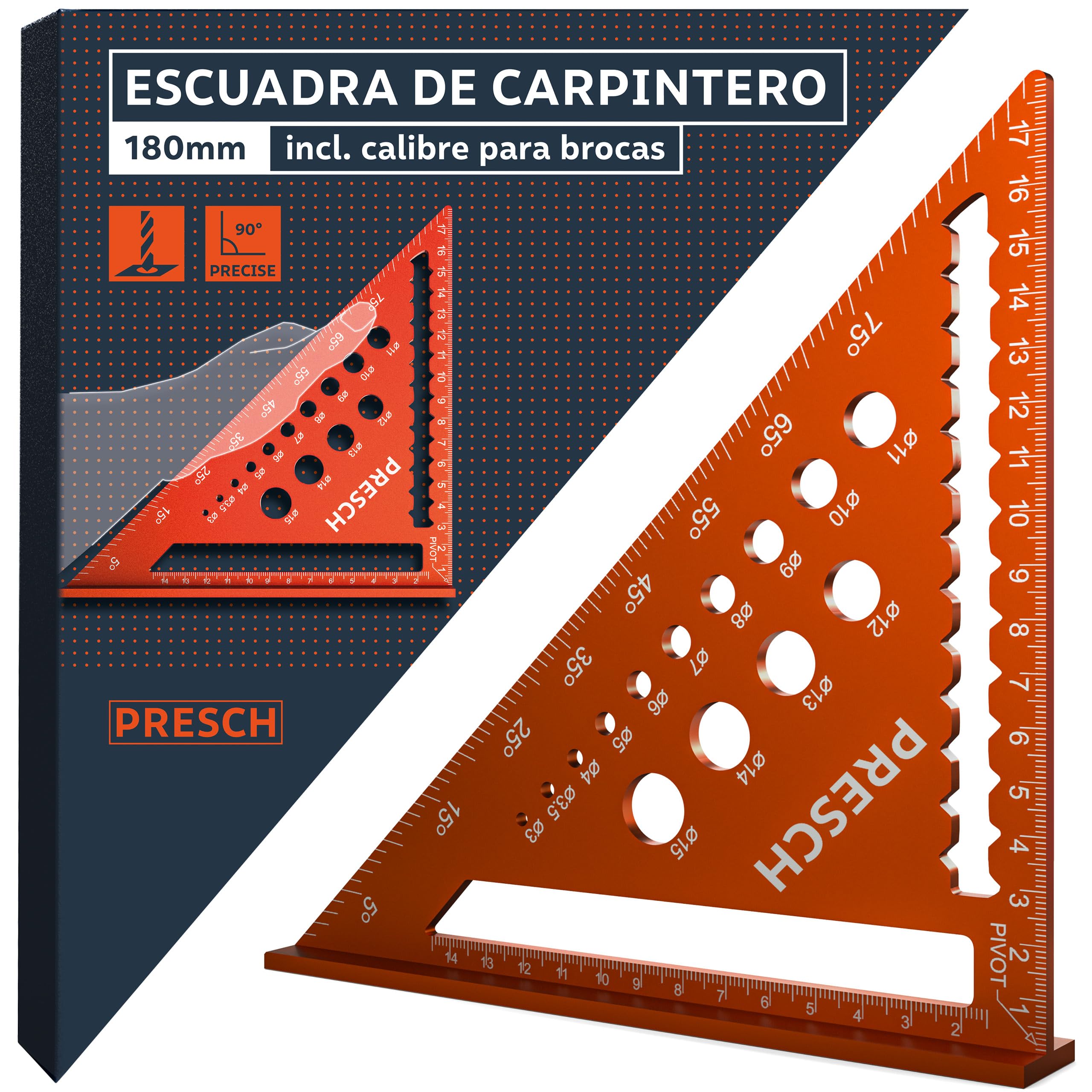 Presch Escuadra Carpintero 180mm - Calibre para brocas inteligente para diámetros precisos - Aluminio fresado de alta precisión para ángulos de 90° precisos - Recubrimiento resistente