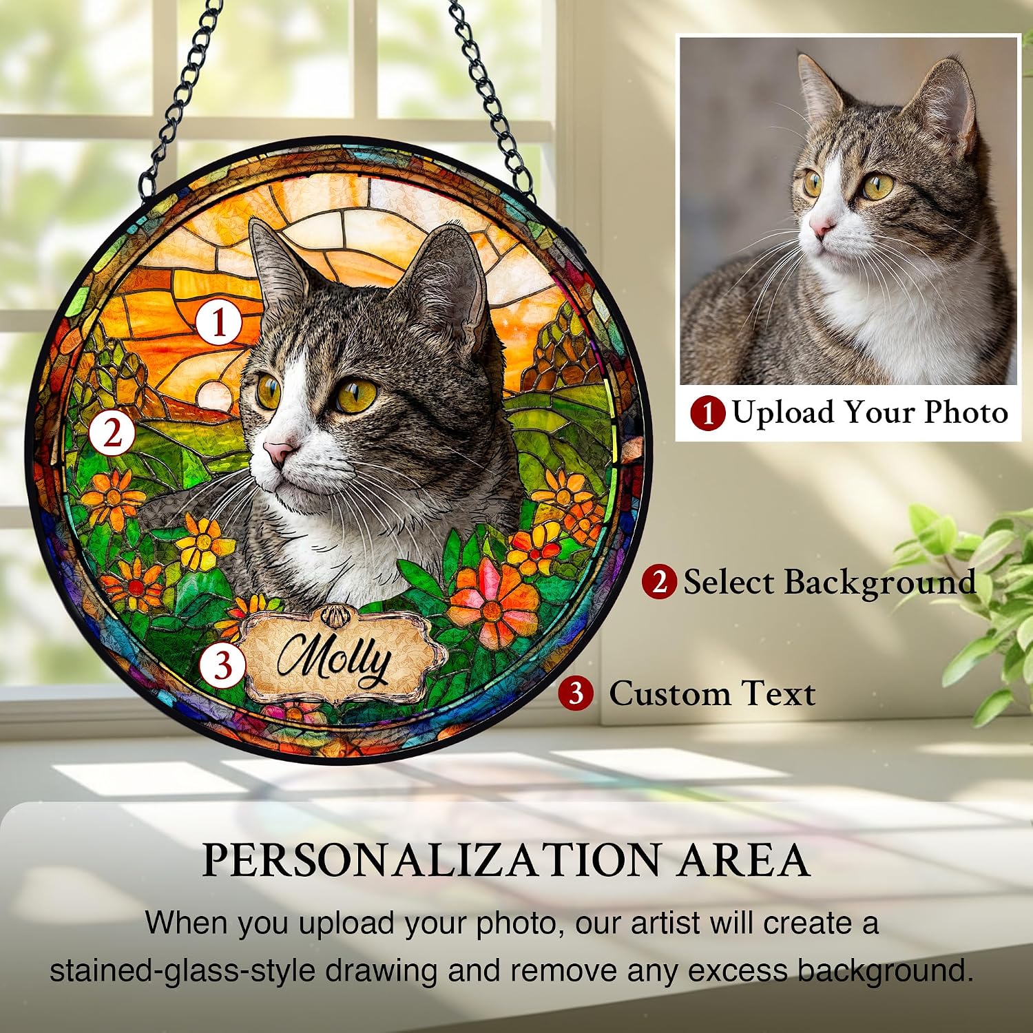 Personalized Pet Stained Glass Suncatcher Dog Cat Memorial Window Hanging image 2