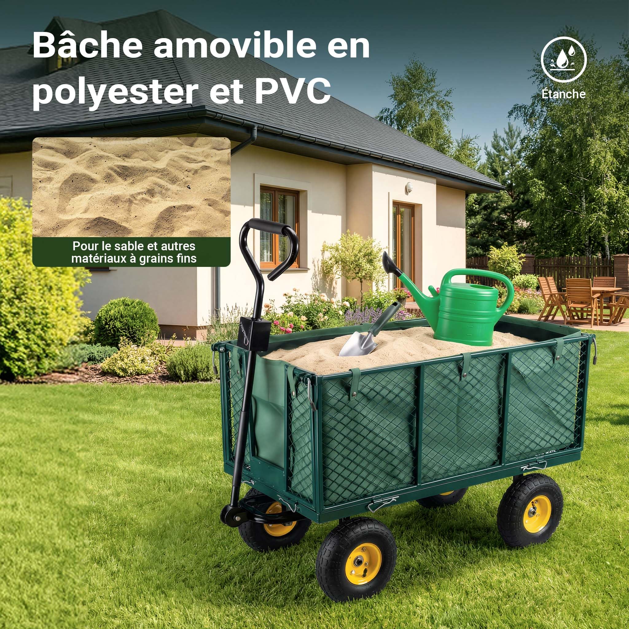 Wiltec Chariot Transport XXL Pliable – 1140 x 520 x 1050 mm – capacité 550 kg – avec Bâche Amovible, Pneus Robustes et Grille de Rangement – Diable Jardin Jardinage Outils Outillage