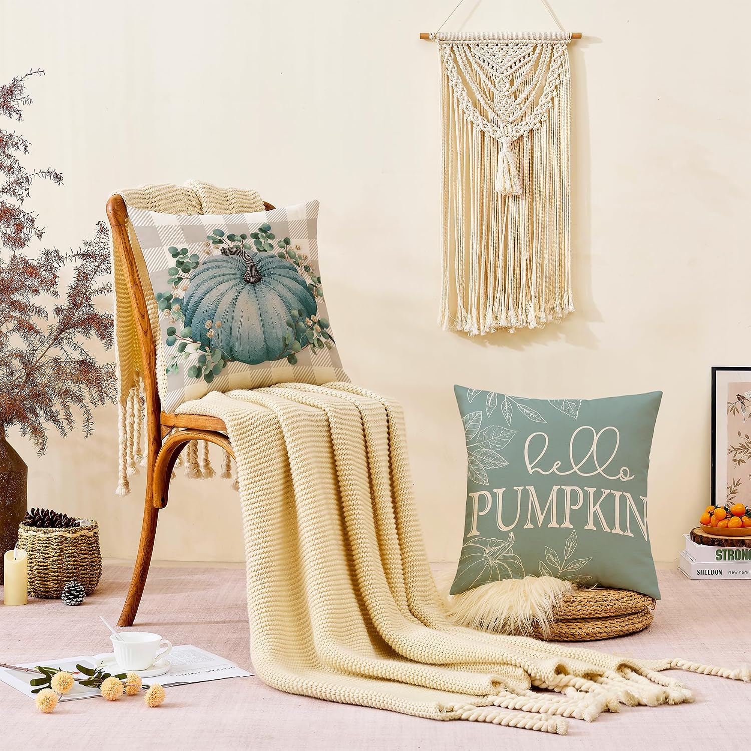 Fall Decor for Home,Fall Pillow Covers 16x16 Set of 4 Rustic Indoor Outdoor Decorations Blue Plaid Throw Pillow Covers,Hello Pumpkin Linen Autumn Cushion Case for Sofa Couch Chair Bedroom