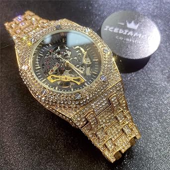 ICEDIAMOND 43MM Iced Out Openwork Mechanical Automatic Wrist Watch, Full Shiny CZ Diamond Hand-Winding Skeleton Dial Luxury Watch for Men