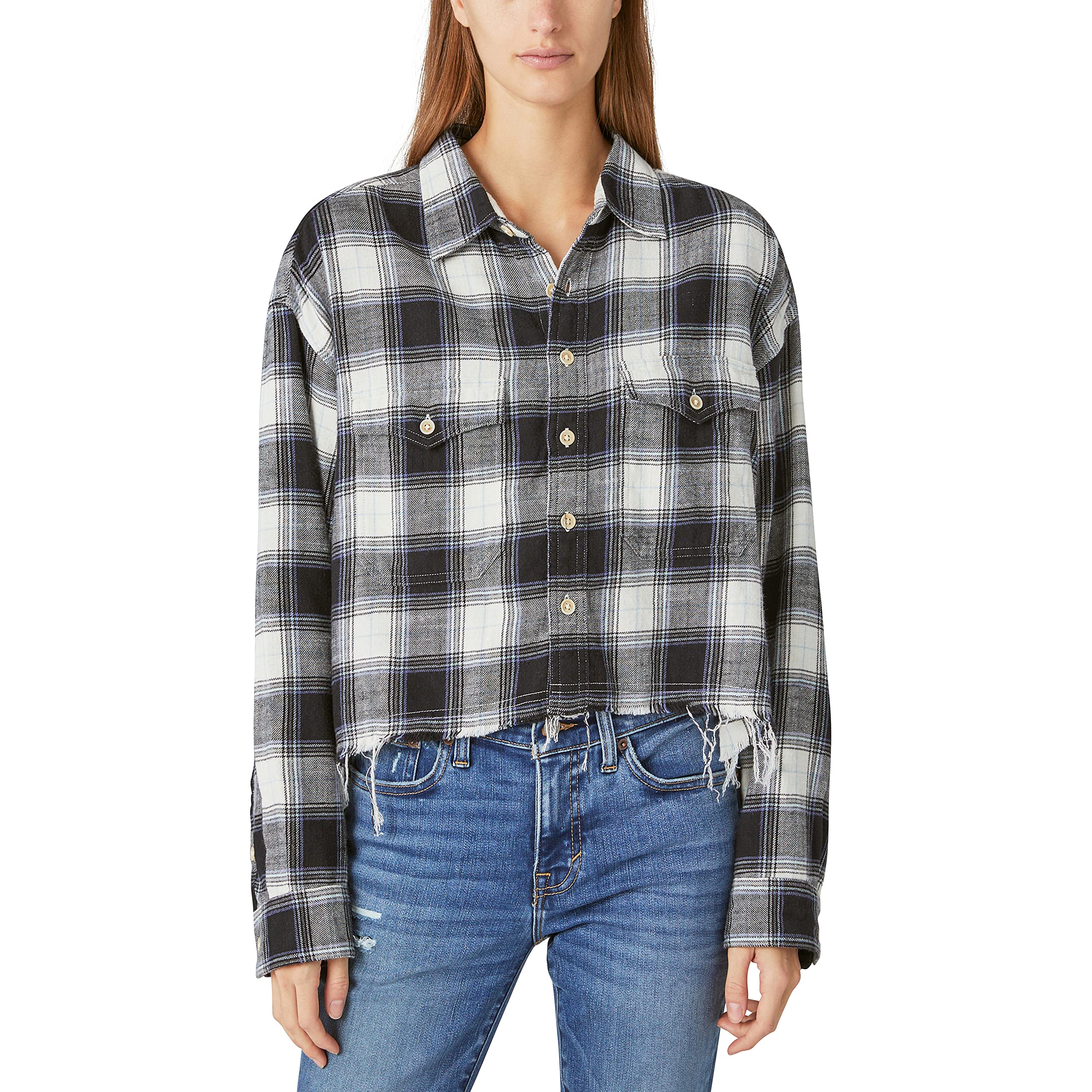 Women's Raw Edge Plaid Cropped Button Down Shirt