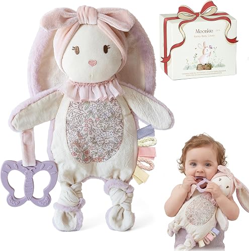Moonkie Doudou Bebe, Peluche Lapin, avec Jouet Dentition Bébé en Silicone, Cadeau de Naissance Fille pour Baby Shower et