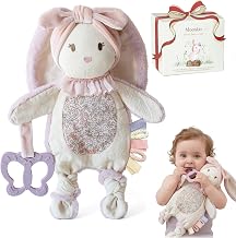 Moonkie Plush Baby Doudou Bunny Attachment Dolls with Silicone Teether, Gift Newborn Baby Girl, Soft Safety Blanket, Toys with Textured Ribbons, Wrinkled Ears