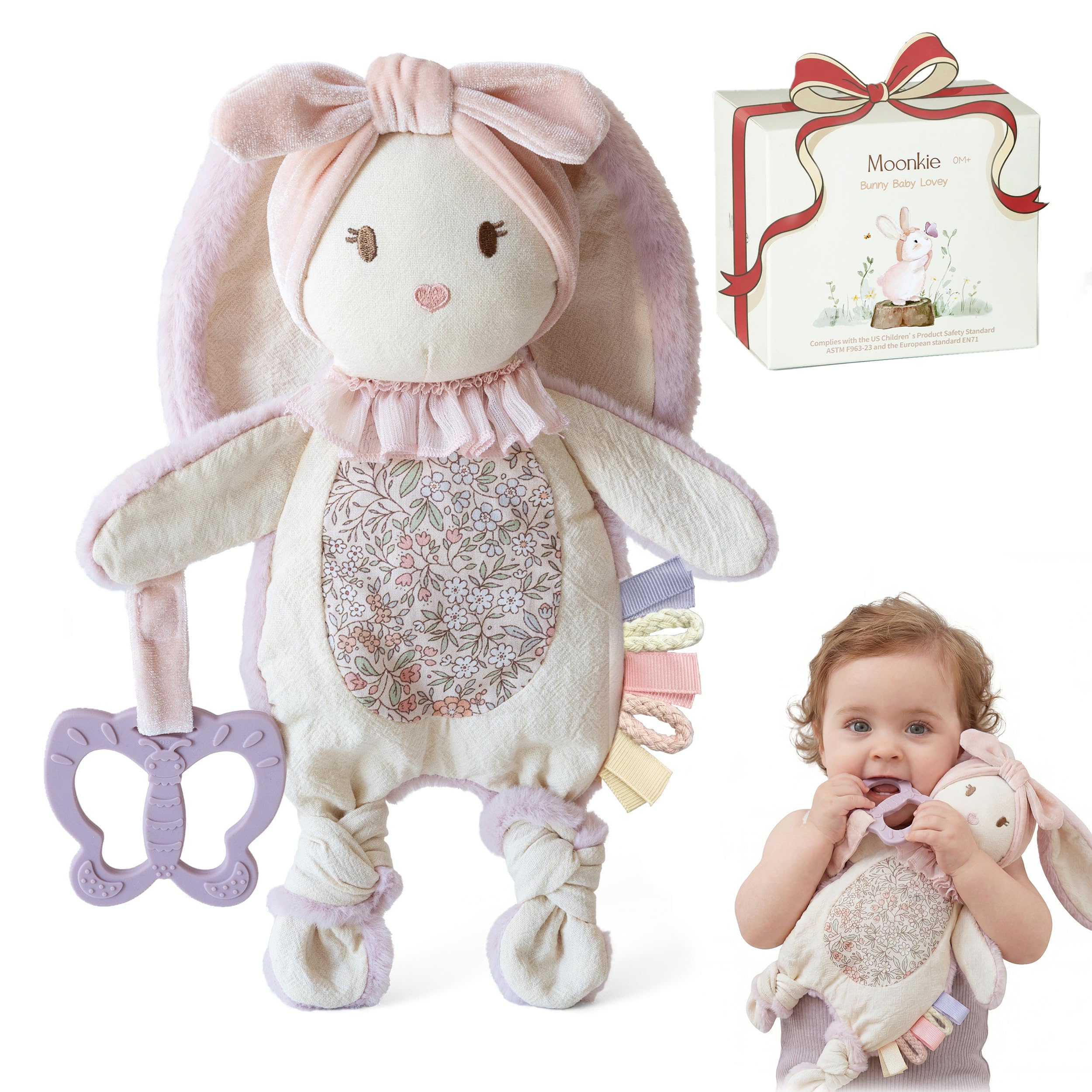 Moonkie Doudou Neonato, Peluche per bambini Coniglio, Copertina con Giochi Dentizione, Regalo Neonata Femmina per Baby Shower e Compleanni, Peluche con Nastri Testurizzati, Orecchie Fruscianti