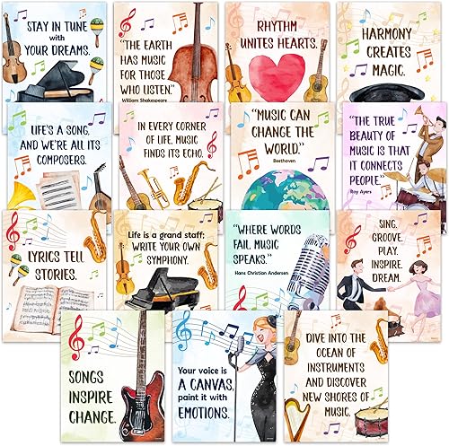Decorably 15 pósteres musicales para aula, 11 x 14 pulgadas, laminados en mate, carteles educativos para el aula