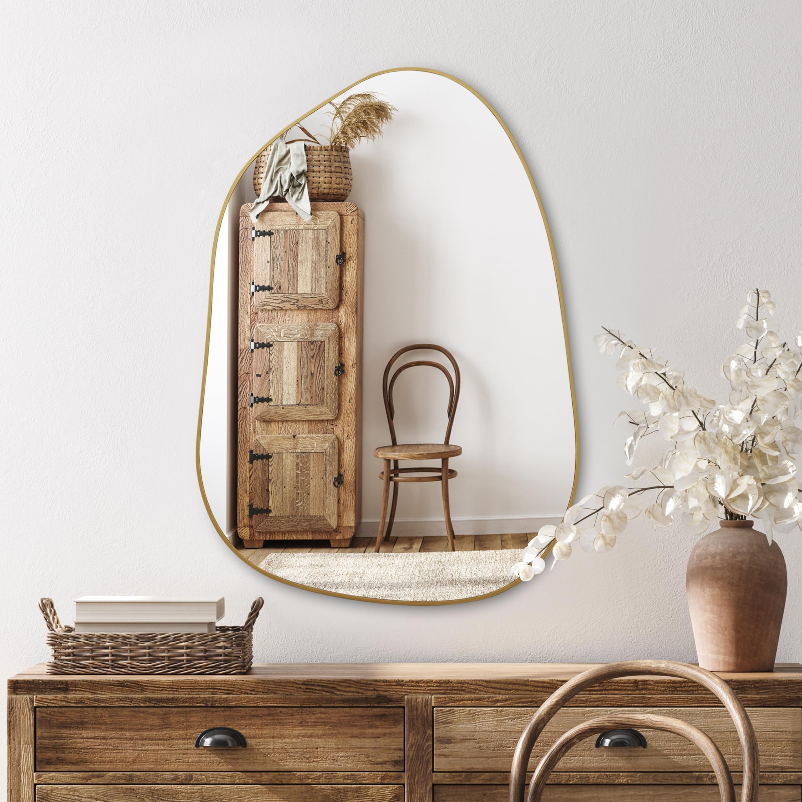 PERFNIQUE Irregular Wall Mirror Asymmetrical Mirror, 69 x 48 cm Gold Mirrors for Bathroom Bedroom Living Room Entryway, Decorative Modern Boho Wall Decor