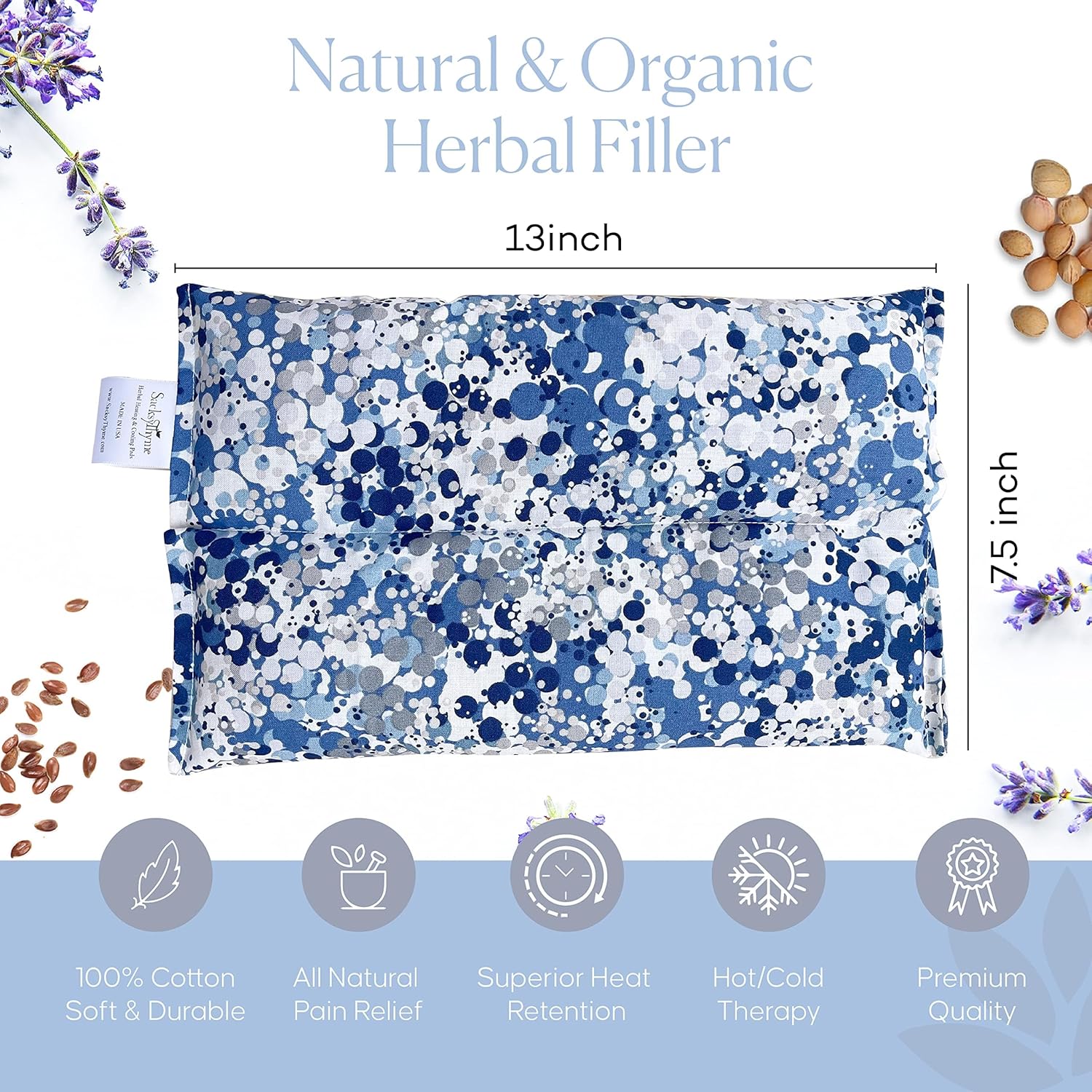 SacksyThyme Microwave Heating Pad for Pain Relief, Flaxseed & Cherry Pit Herbal Heating Pad, Hot Cold Therapy (Indigo)