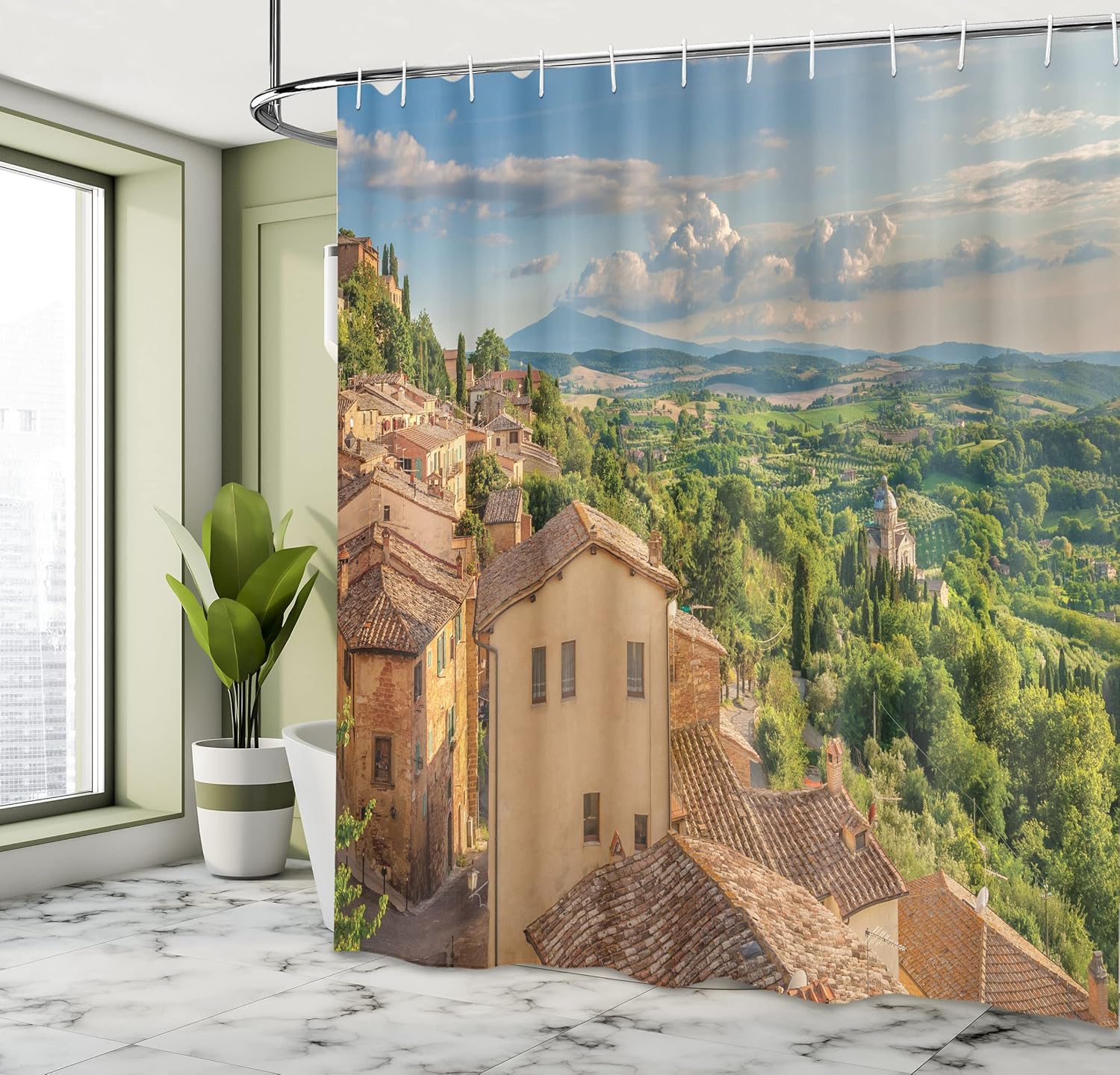 Ambesonne Tuscan Shower Curtain, Sunset Rural Landscape Cypresses Forest Hills Greenery Blue Sky Clouds, Cloth Fabric Bathroom Decor Set with Hooks, 69" W x 70" L, Ivory Green and Blue