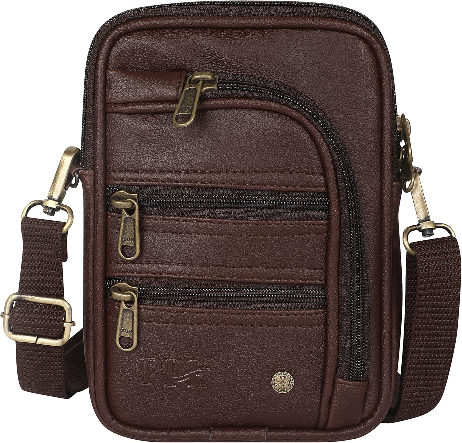 Pramadda Pure Luxury Classic Vegan Leather 7 Pocket Sling Bag For Men and Women | Compact Smart Organiser Messenger Side Mobile Bag For Easy Travel | Special Corporate Gift For Men, Mocha Brown, M