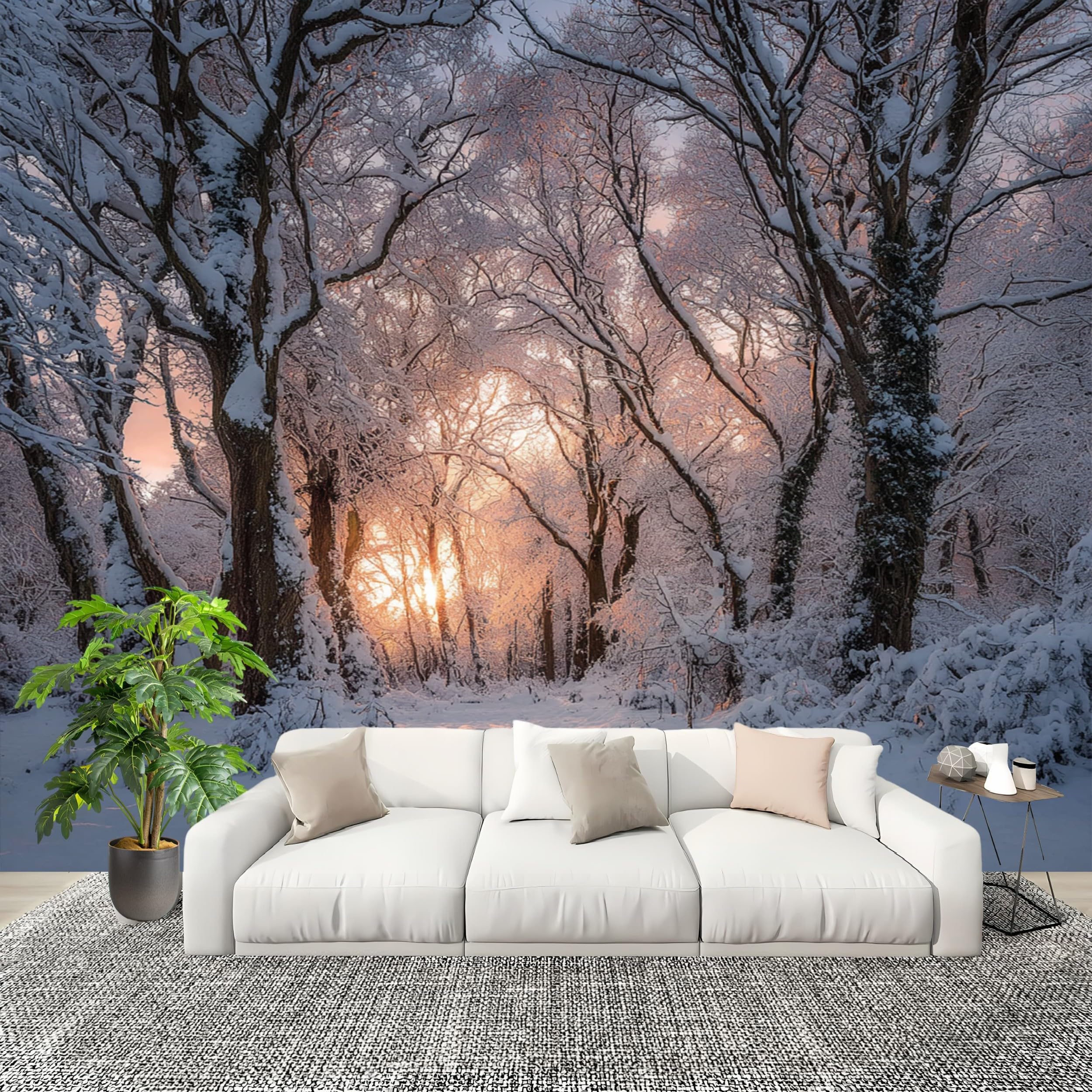 Fresque murale forêt enneigée pour créer un salon cocooning et chaleureux
