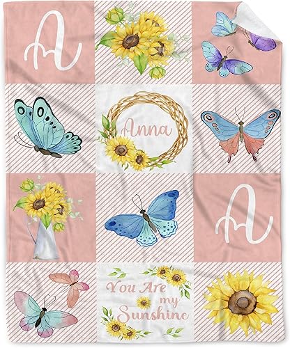 BUYYET Manta de bebé personalizada con girasol, mariposa, manta personalizada para niños y niñas con nombre, manta de cumpleaños para recién nacido,
