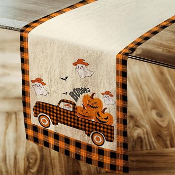 Autumn Pumpkin & Plaid Table Runner - 14x72 - Thanksgiving & Halloween Farm Truck Design for Indoor & Outdoor Parties