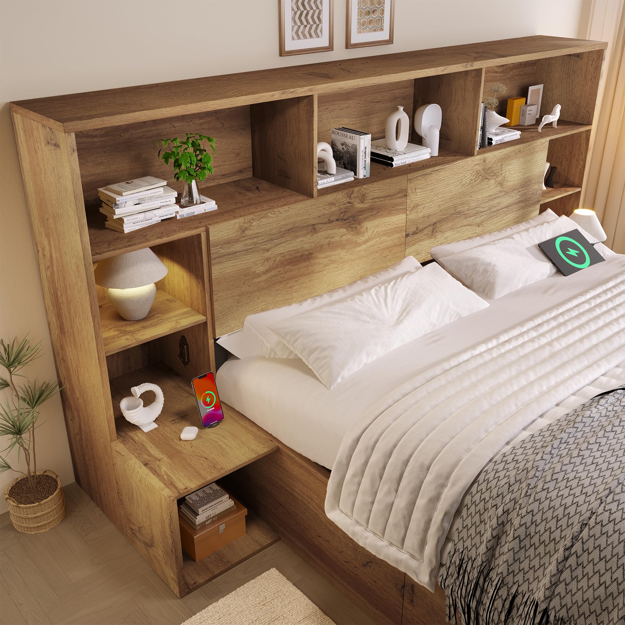 Letto matrimoniale in legno, 160 x 200 cm, letto in legno massello, con vano idraulico e comodini integrati, con ripiano per testiera e rete a doghe, letto di sistema, rovere (senza