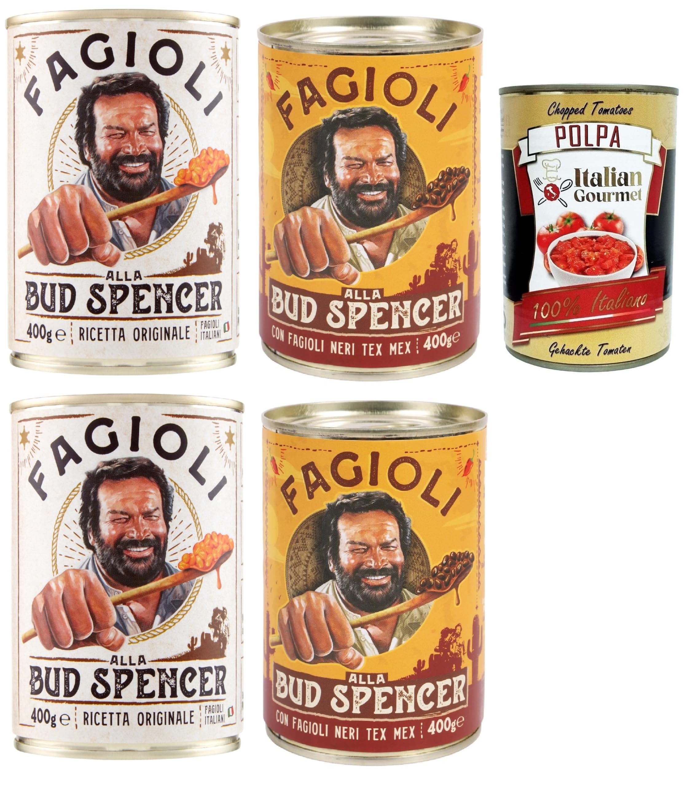 Fagioli alla Bud Spencer – Haricots cuisinés en sauce, boîte 400 g, Recette italienne originale ou Tex-Mex (fagioli neri) Prêts à réchauffer, Source de protéines, 4x 400g + Italian Gourmet polpa 400g