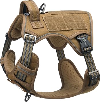Tactical Dog Harness for Medium & Large Dogs, Brown Adjustable No-Pull Control with Handle, Heavy Duty Reflective Vest - Size M