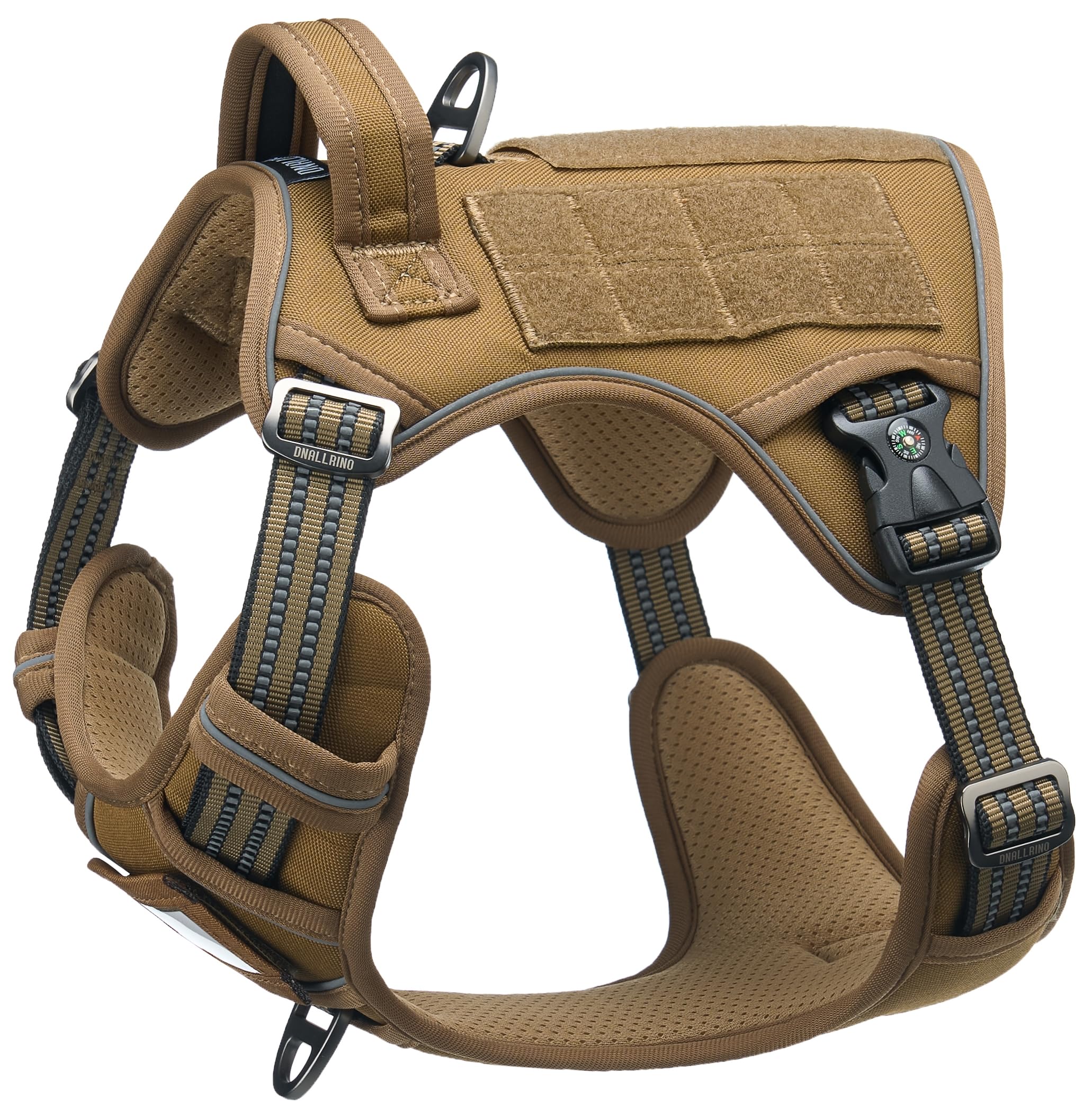 DNALLRINO Tactical Dog Harness for Medium & Large Dogs, Brown Adjustable No-Pull Control with Handle, Heavy Duty Reflective Vest - Size XL