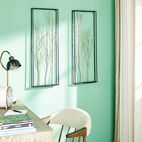 Deco 79 Escultura de pared de árbol de metal para el hogar, rama con marco negro, juego de 2 arte de pared de 13 pulgadas de ancho, 36 pulgadas de