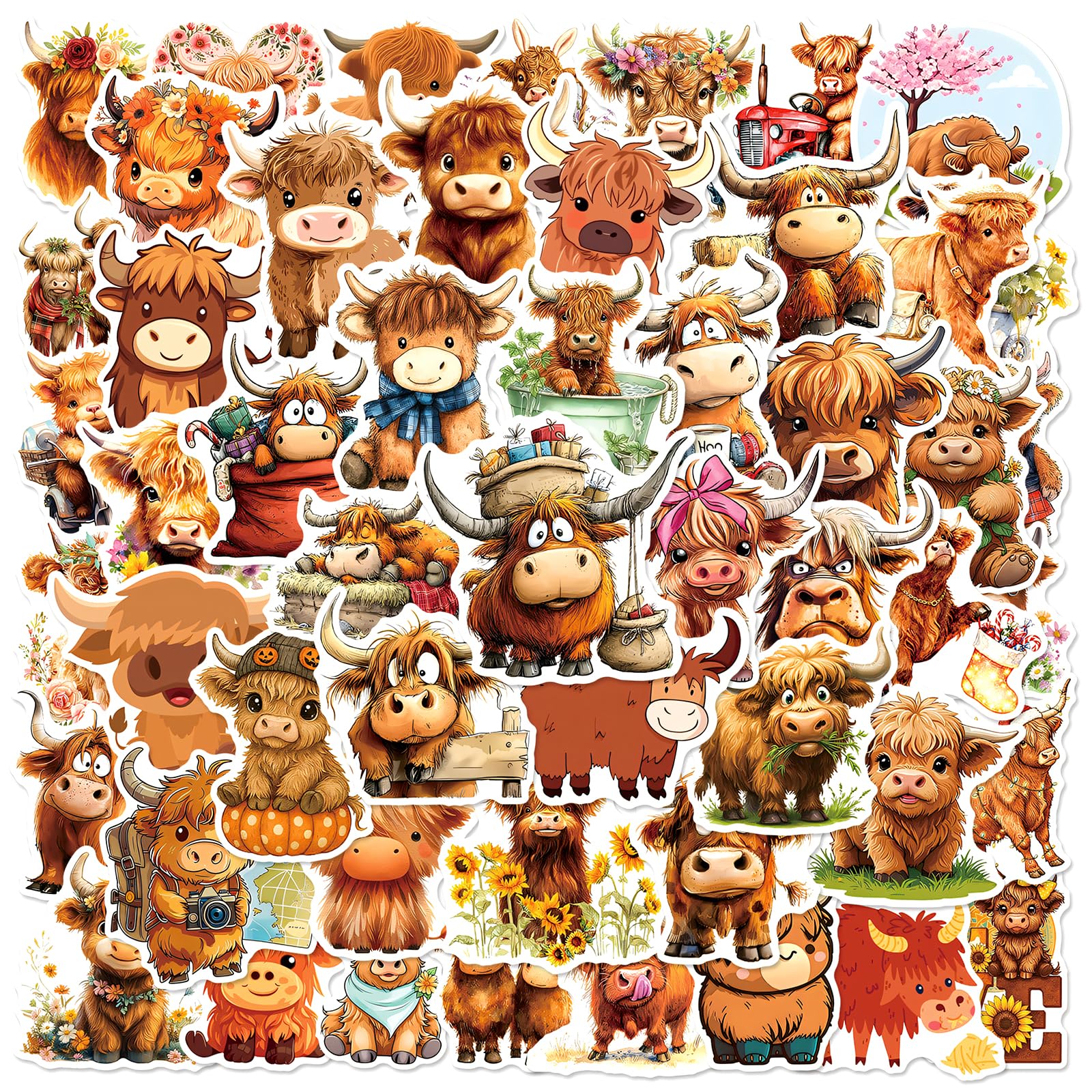 100Pcs Highland Cow Stickers, Waterproof Animal Stickers, Adorable Vinyl Decals for Water Bottle, Laptop, Scrapbooking and Skateboard Decor, Creative Highland Cow Gifts for Craft Lovers