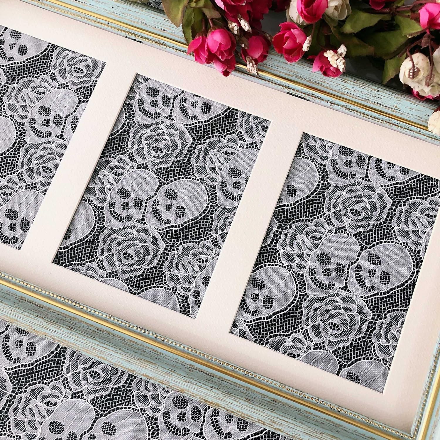 60 x 144 Inches Skull Rose Pattern Lace, White Wedding Lace Fabric, Non-Elastic Garment Sewing Fabric, 60 inches Wide, 4 Yards Long DIY Craft Lace for Tablecloth, Party and Home Decor.