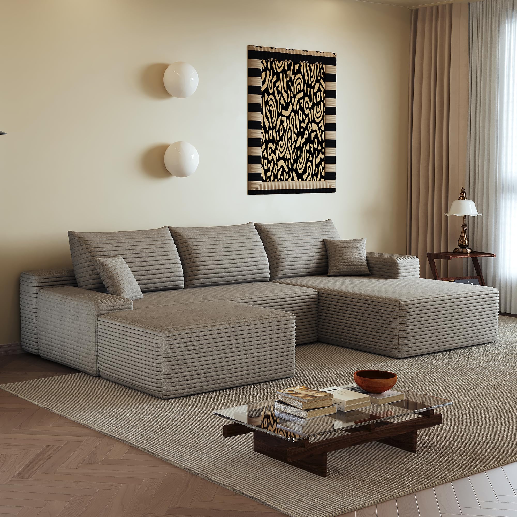 Sapgaks Canapé d'angle Convertible modulaire sans Cadre 270cm,canapé 3 Places avec méridienne à Gauche,Pouf,canapé Convertible en Velours côtelé,Assise Profonde,sans Montage,Camel