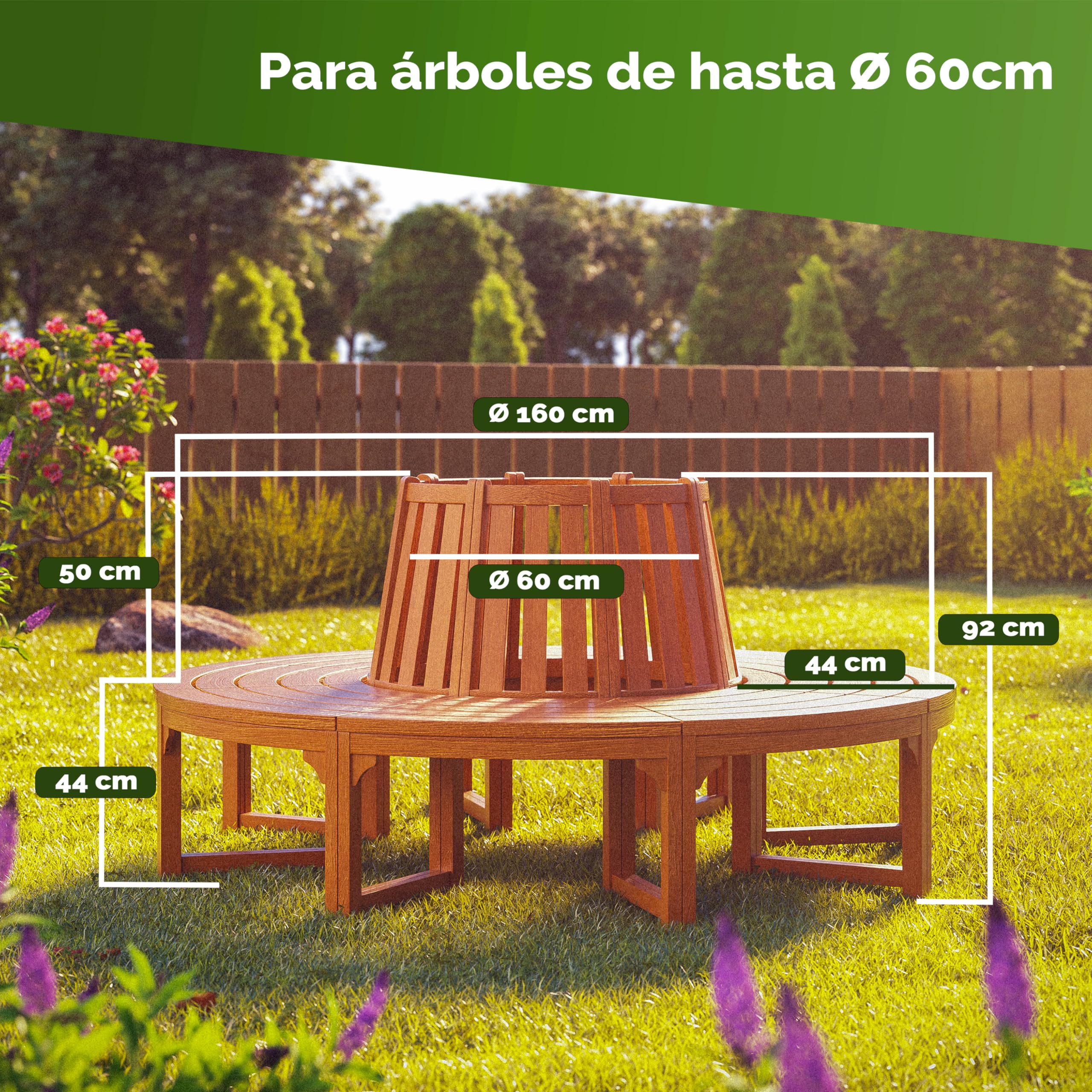 CASARIA Banco para Árbol Madera Jardin Certificación FSC | 160x60cm, Carga 320kg, Patio, Resistente, Bancos, Semicircular, Exterior, Respaldo, Eucalipto, Parque