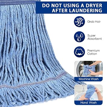 Matthew Cleaning Heavy Duty Mop Head Commercial Grade Replacement for General and Floor Cleaning, Wet Industrial Blue Cotton Looped End String Head Refills (Case of 36) Blue