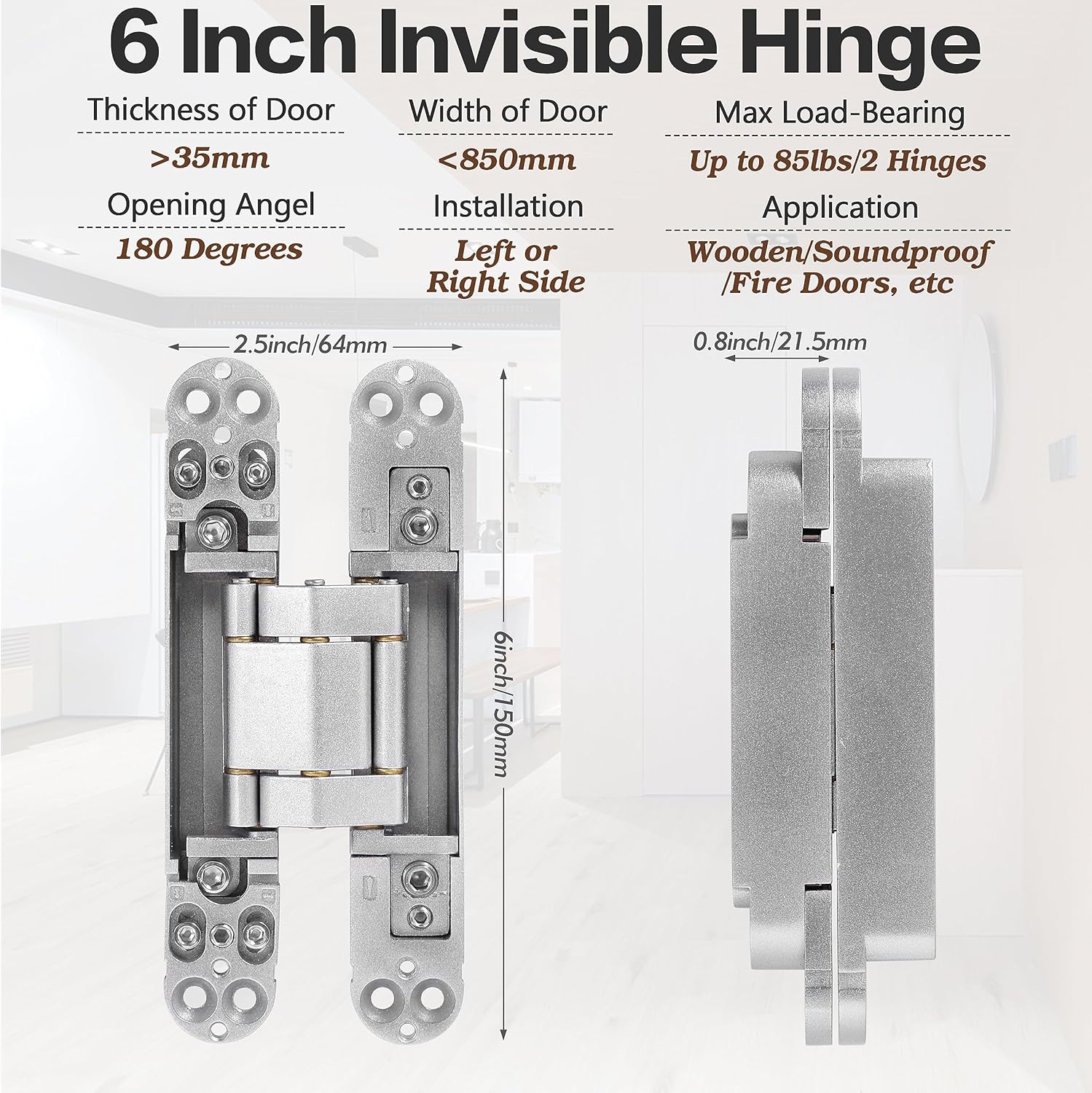 Onedaful 2 Kits 6 inch Stainless Steel Hidden Door Hinges Invisible Hinges for Door, 180 Degree Swing Concealed Hinges, 3 Way Adjustable & Heavy Duty for Secret Door (Load-Bearing Up to 170lbs)