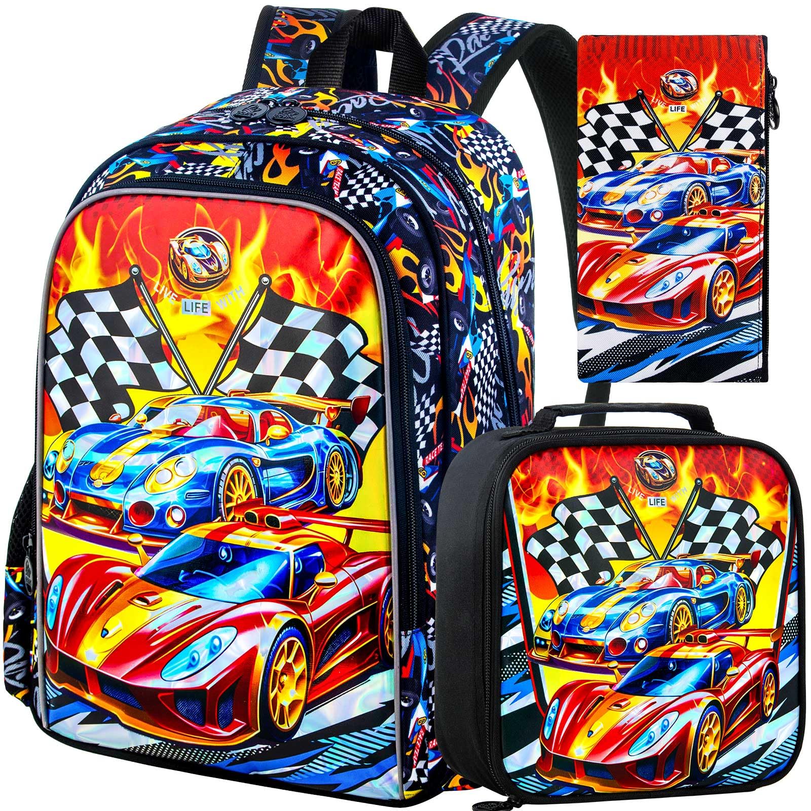 TXHVO 3Pcs Cars Backpack, 16" Boys Bookbag with Lunch Box, Kids School Backpacks Set for Elementary Preschool Kindergarten