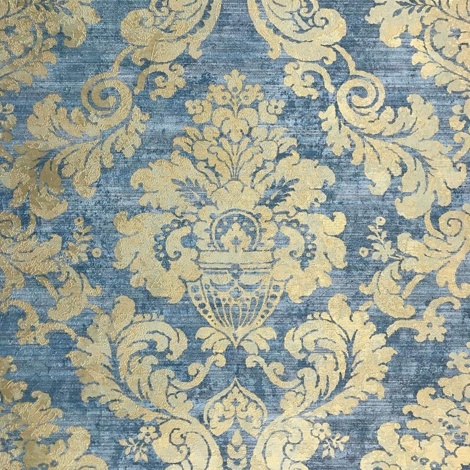 Wallpaper Blue Yellow Gold Metallic Rustic Damask Textured roll 3D