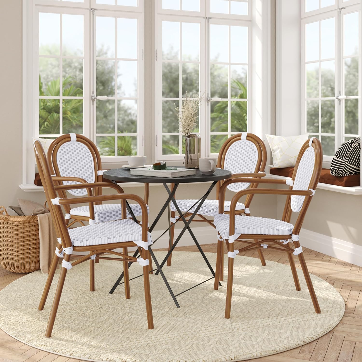Flash Furniture Lourdes Indoor/Outdoor Commercial Thonet Bistro Stack Chair - Arms - White/Gray PE Rattan Back and Seat - NAT Bamboo Print Metal Frame - 4 PK