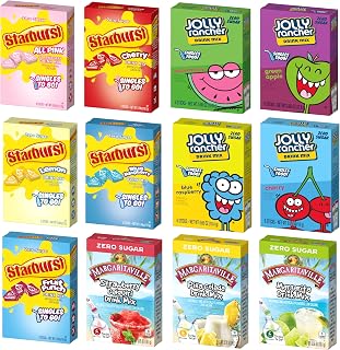 SINGLES TO GO! Drink Mix Variety Pack of 12-3 Margaritaville Flavors, 5 Starburst Flavors and 4 Jolly Flavors - On the go Convenience - Powdered Drink Mix