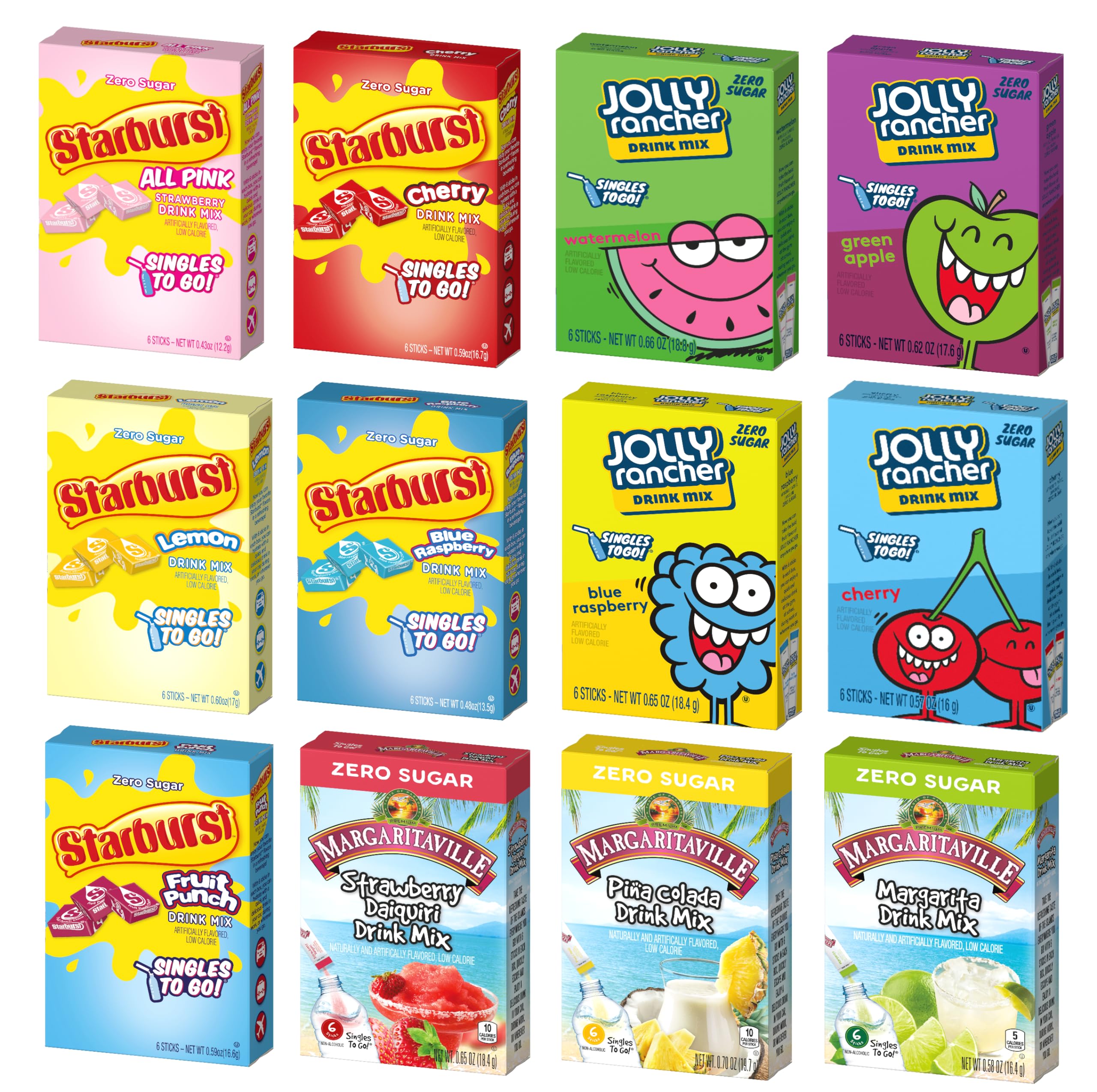 SINGLES TO GO! Drink Mix Variety Pack of 12-3 Margaritaville Flavors, 5 Starburst Flavors and 4 Jolly Flavors - On the go Convenience - Powdered Drink