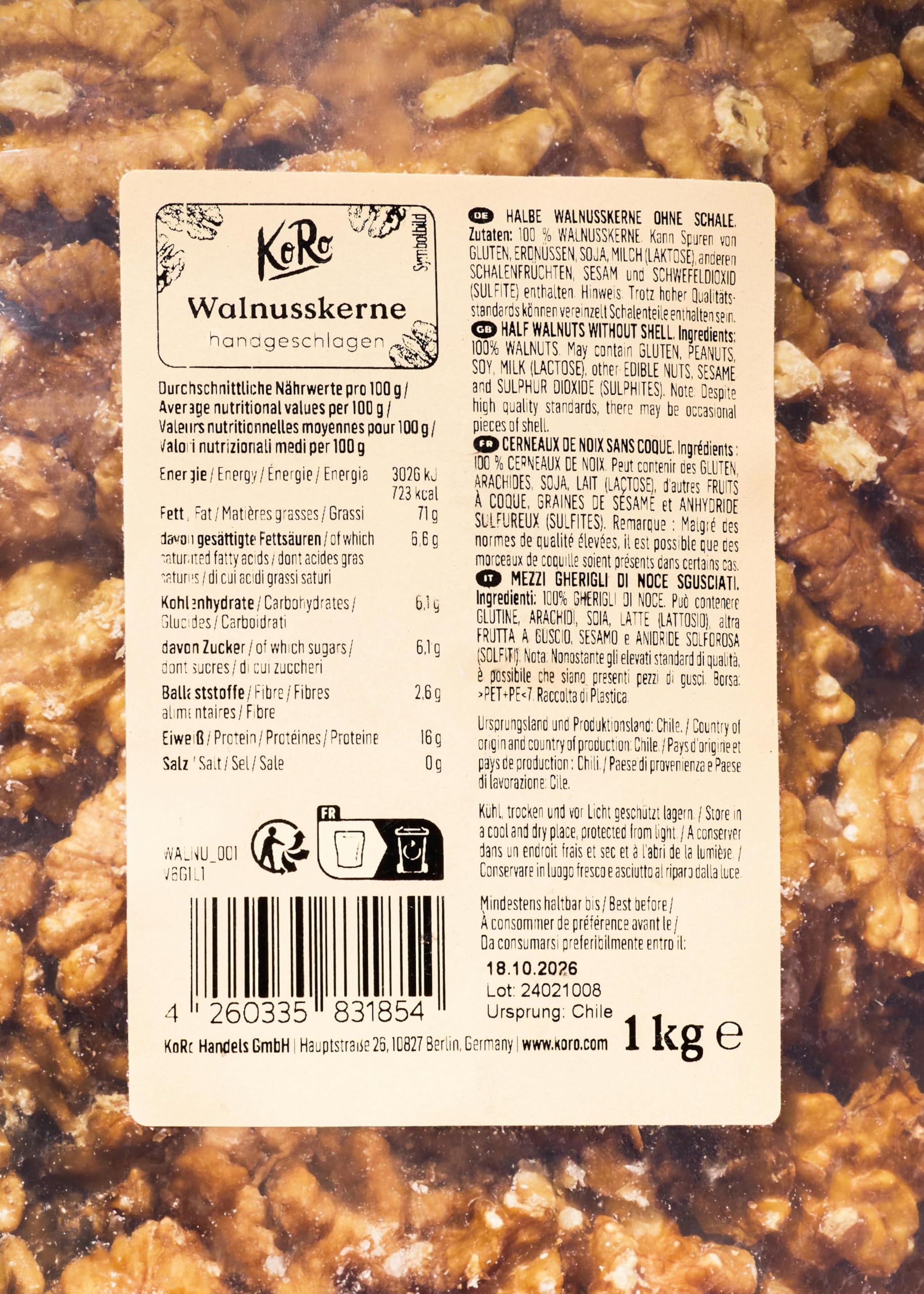 KoRo - Noci sgusciate grandi ed extra chiare 1 kg - Noci di prima qualità, al naturale e senza guscio