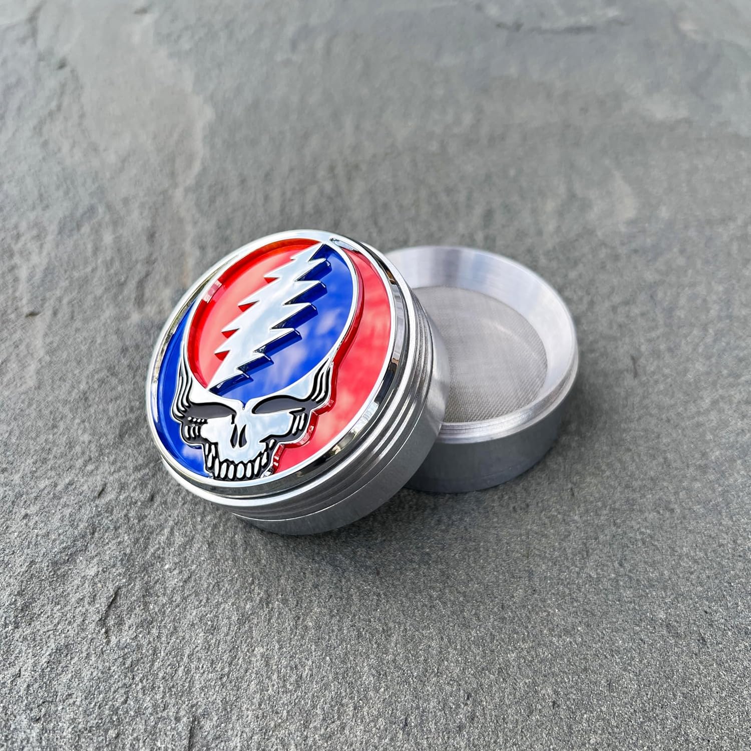 The Stealie 2.0 Car Badge Emblem in Red and Blue