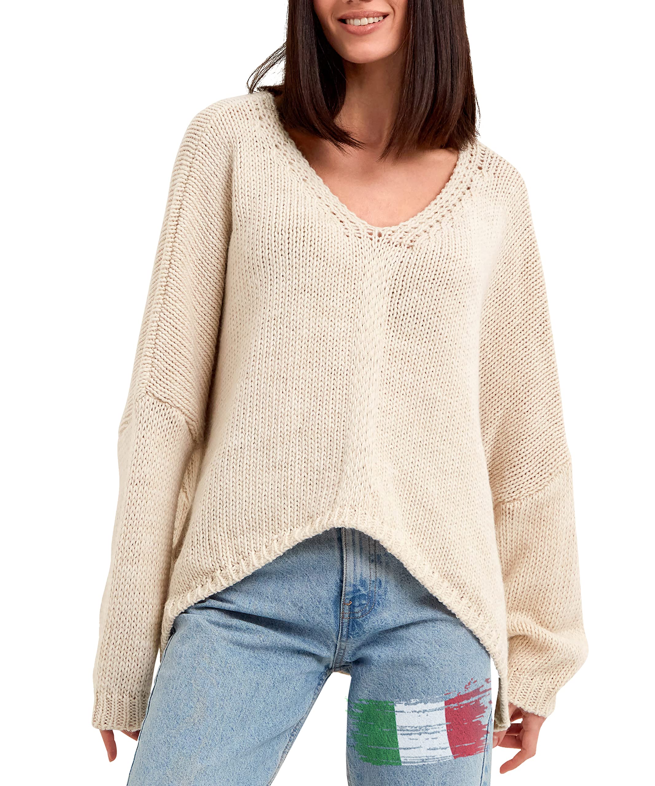 SOVENTUS FASHION Damen Strickpullover Oversize grobmaschig Pullover Damen Strick Oversize kurz Pulli Frühling Herbst V-Ausschnitt, mit oder ohne Kapuze, Grosse größen Made in Italy