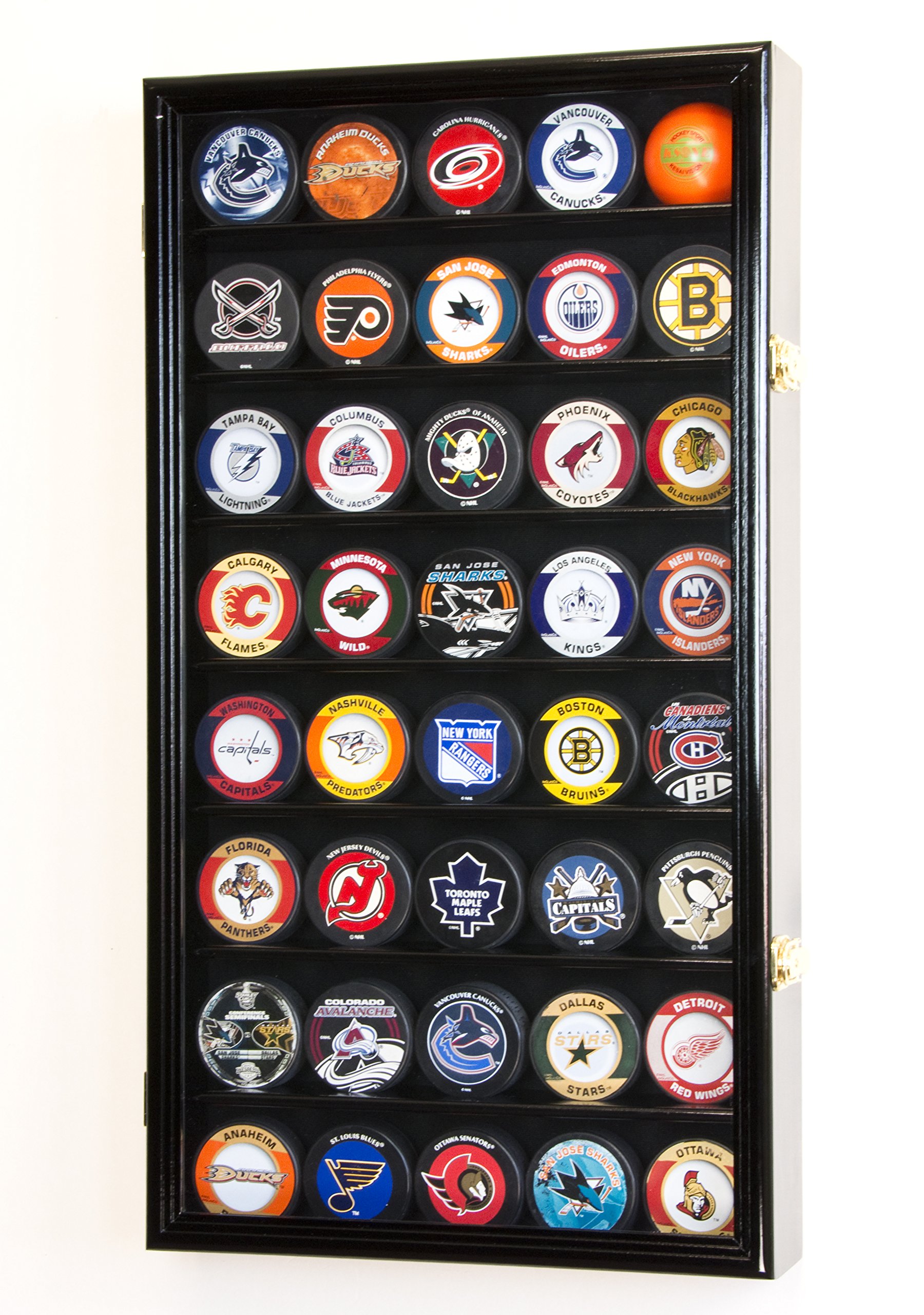 40 Hockey Puck Display Case Cabinet Holder Rack 98% UV (Black Finish)