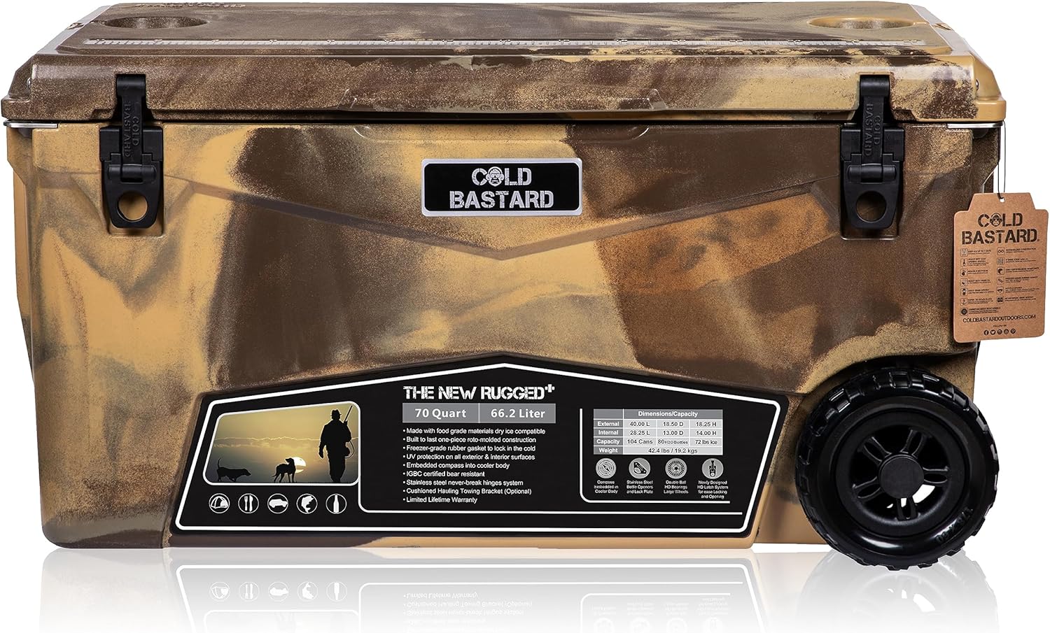 COLD BASTARD COOLERS 70QTW Rugged+ CAMO Camel Large Wheels The Best Premium Ice Chest Cooler Accessories Free S&H (CB70W-CC)