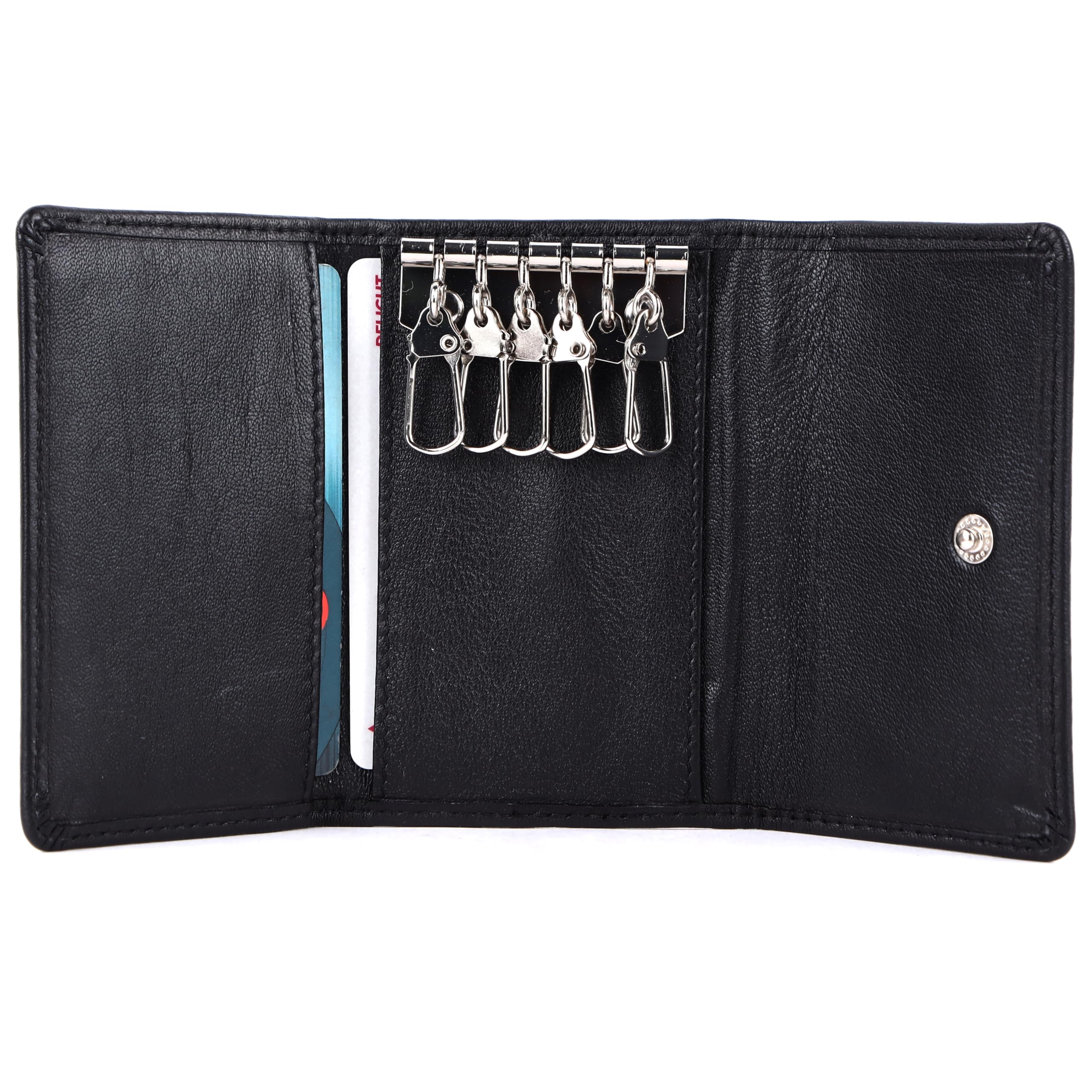 Leather Black Key Chain 6 key holders I Genuine Leather Inside Card Slot I Button Closure I Ideal for all Keys..