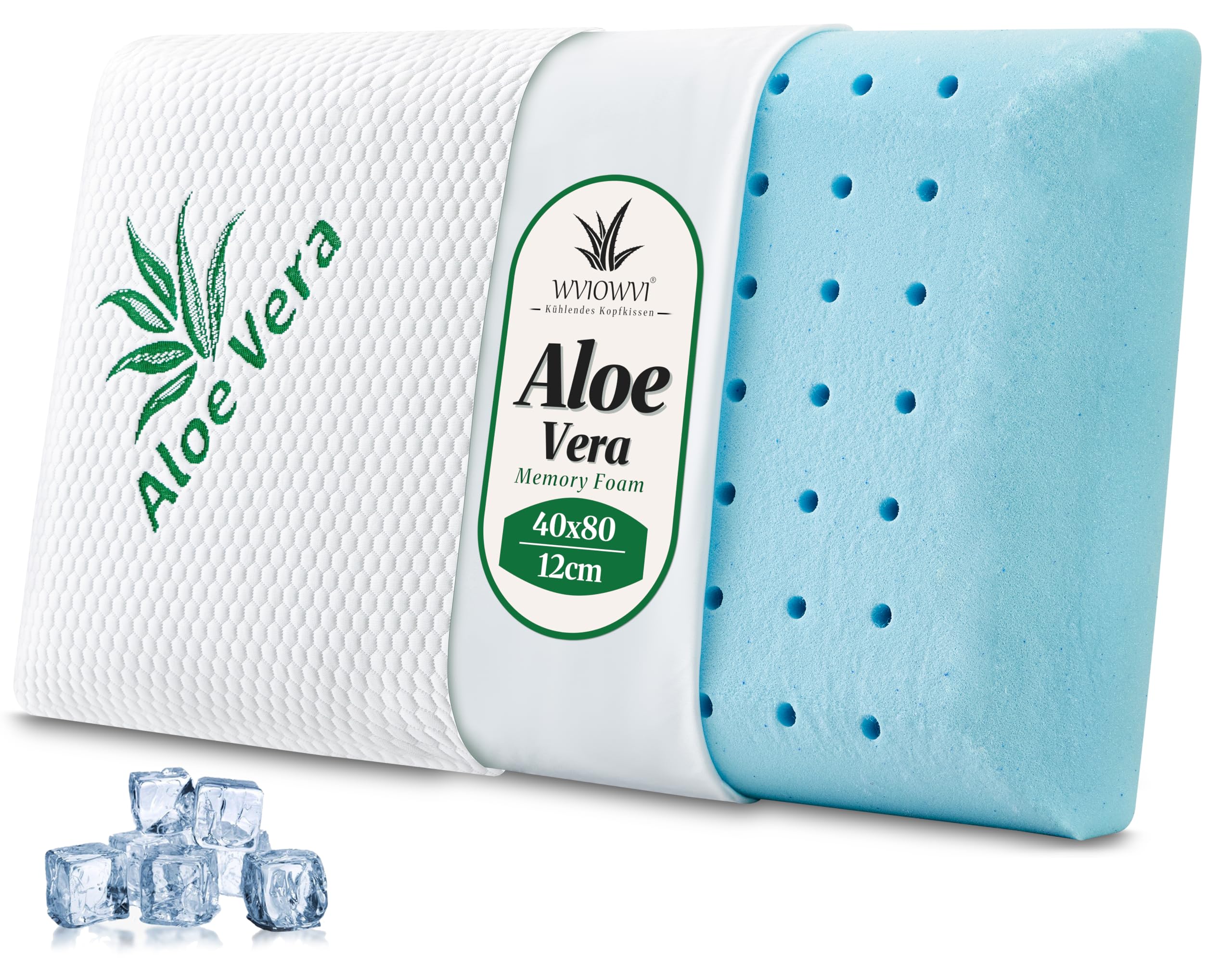 Aloe Vera Kopfkissen 40x80 Kühlendes Kopfkissen Memory Foam Kissen (Grün, 40x80, 12, 12, Zentimeter)