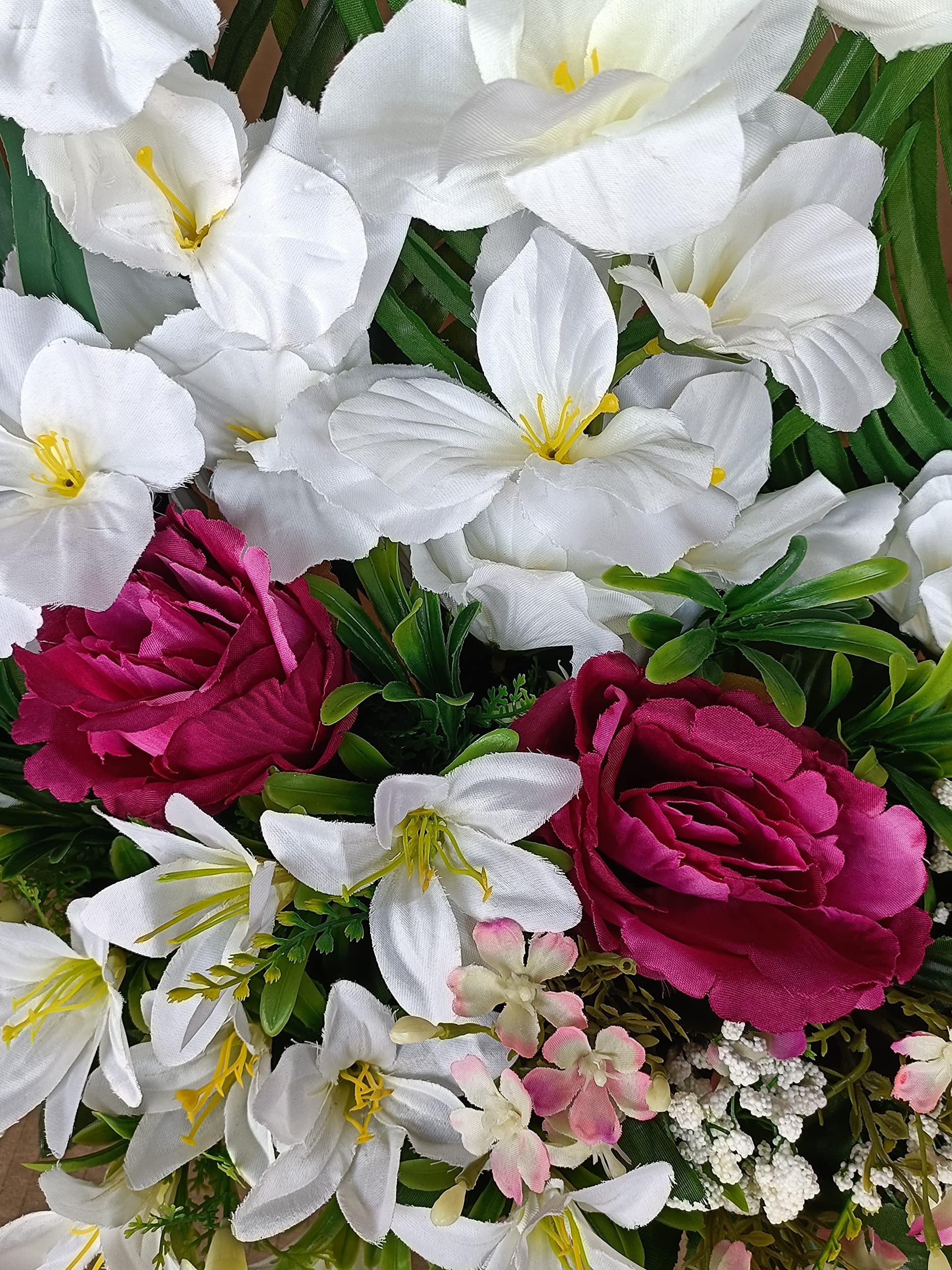 DRW Centro de Flores Artificiales Cementerio, Santos, Aniversarios Redondo Rosas moradas y gladiolos 50 cm x 60 cm Altura x 25 cm Profundidad