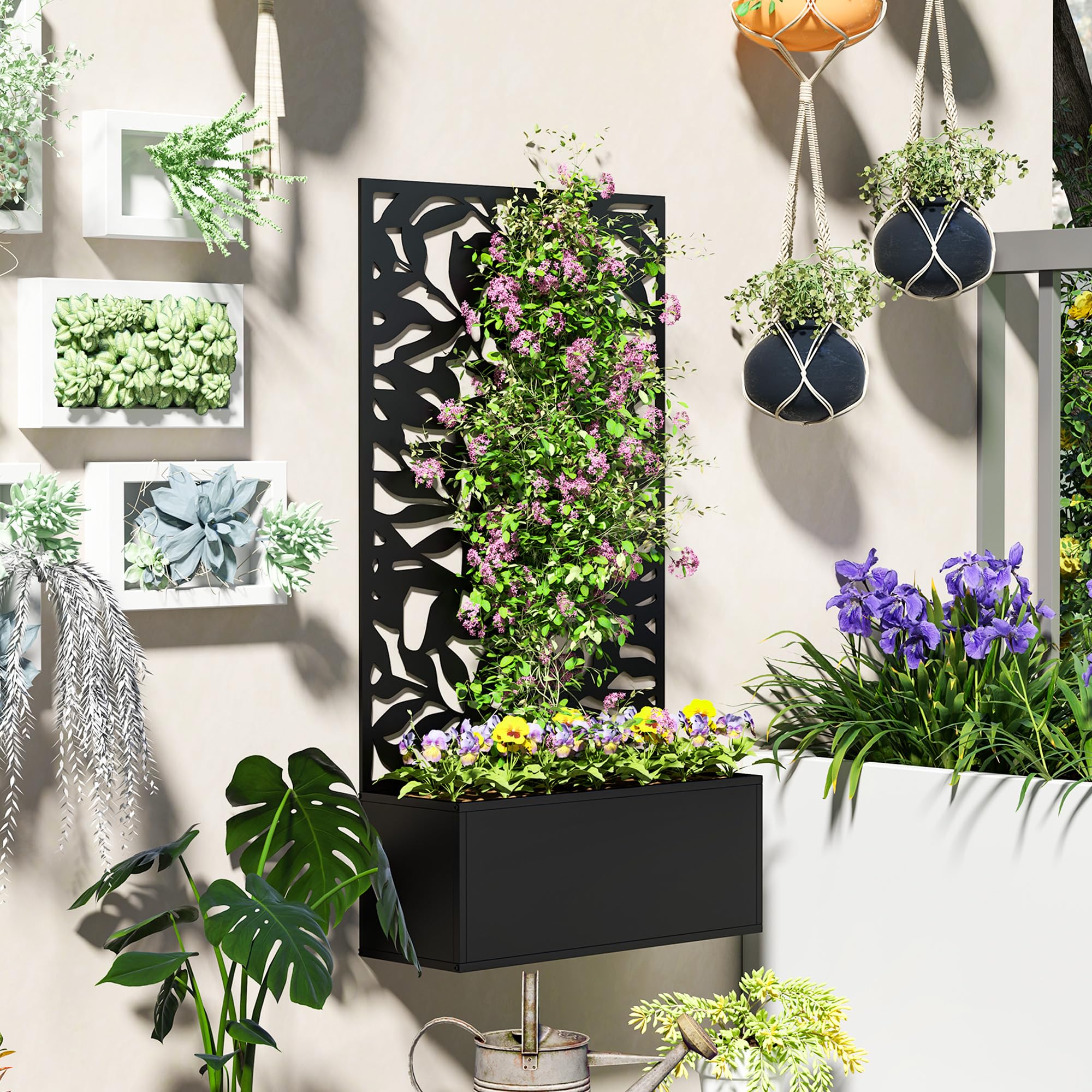 Outsunny Jardinera Exterior Grande de Metal Jardinera con Pantalla de Privacidad de Hojas Sólidas Decorativas Jardinera de Pared o Independiente para Patio Terraza 61x23x113 cm Negro
