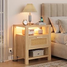 LED Nightstand with Charging Station, 21.7" W Rattan Nightstand with Storage Drawer & Open Shelf, Wood Bedside Table End Table for Bedroom 1, Oak