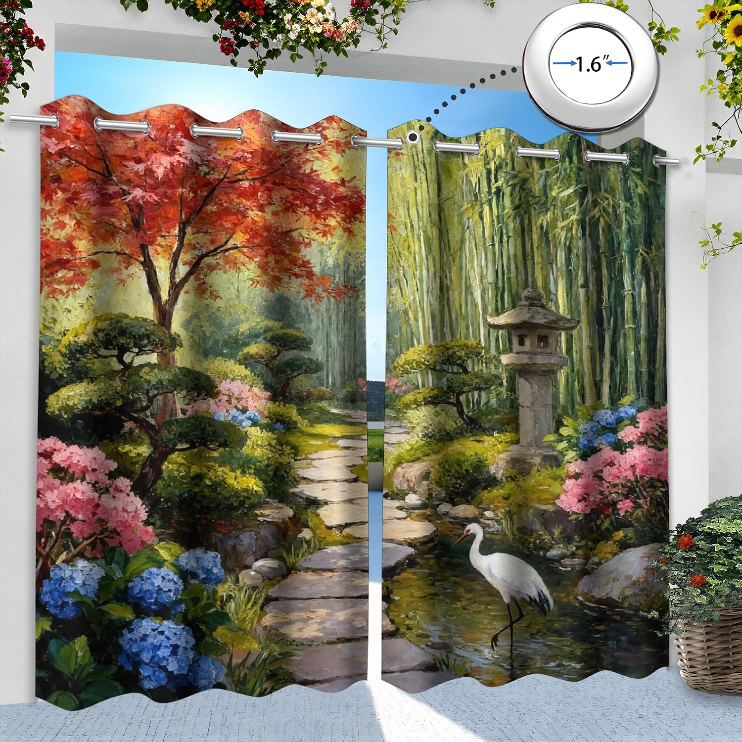 Japanese Garden theme Outdoor Curtains for Patio Waterproof,Bamboo Forest pattern,Light Filtering Curtains Outside Curtains for Porch,Gazebo,Pergola,Backyard,Set of 2 Panels,54 x 84 inch,Pink blue
