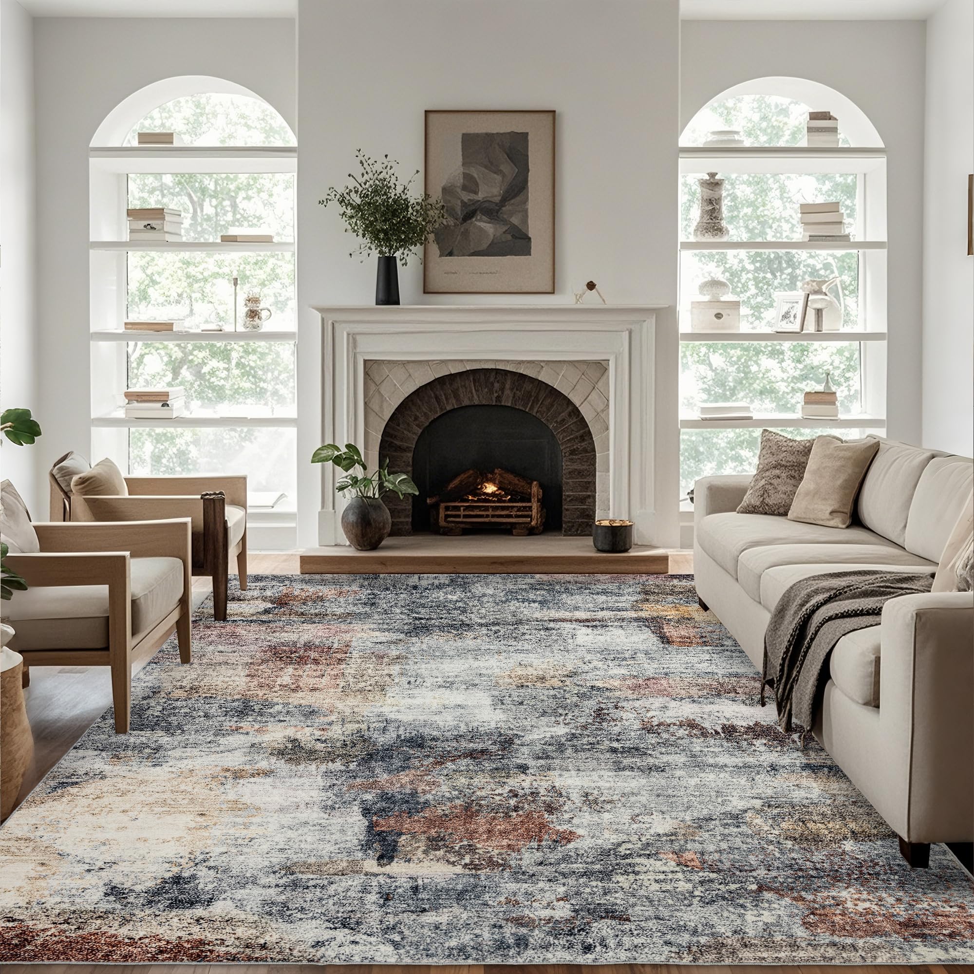 Area Rug 9x12 Washable: Machine Washable Rugs Carpet for Living Room Bedroom Aesthetic - Low Pile Non Slip Rug - Modern Abstract Soft Rug for Dining Room Table - Rustic Black Grey