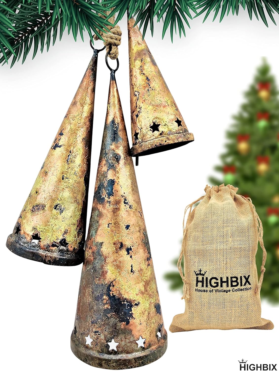 HIGHBIX Set of 3 Giant Harmony Table Top Hanging Bells Huge Vintage Handmade Country Rustic Lucky Christmas Hanging XL Bells (Hanging)