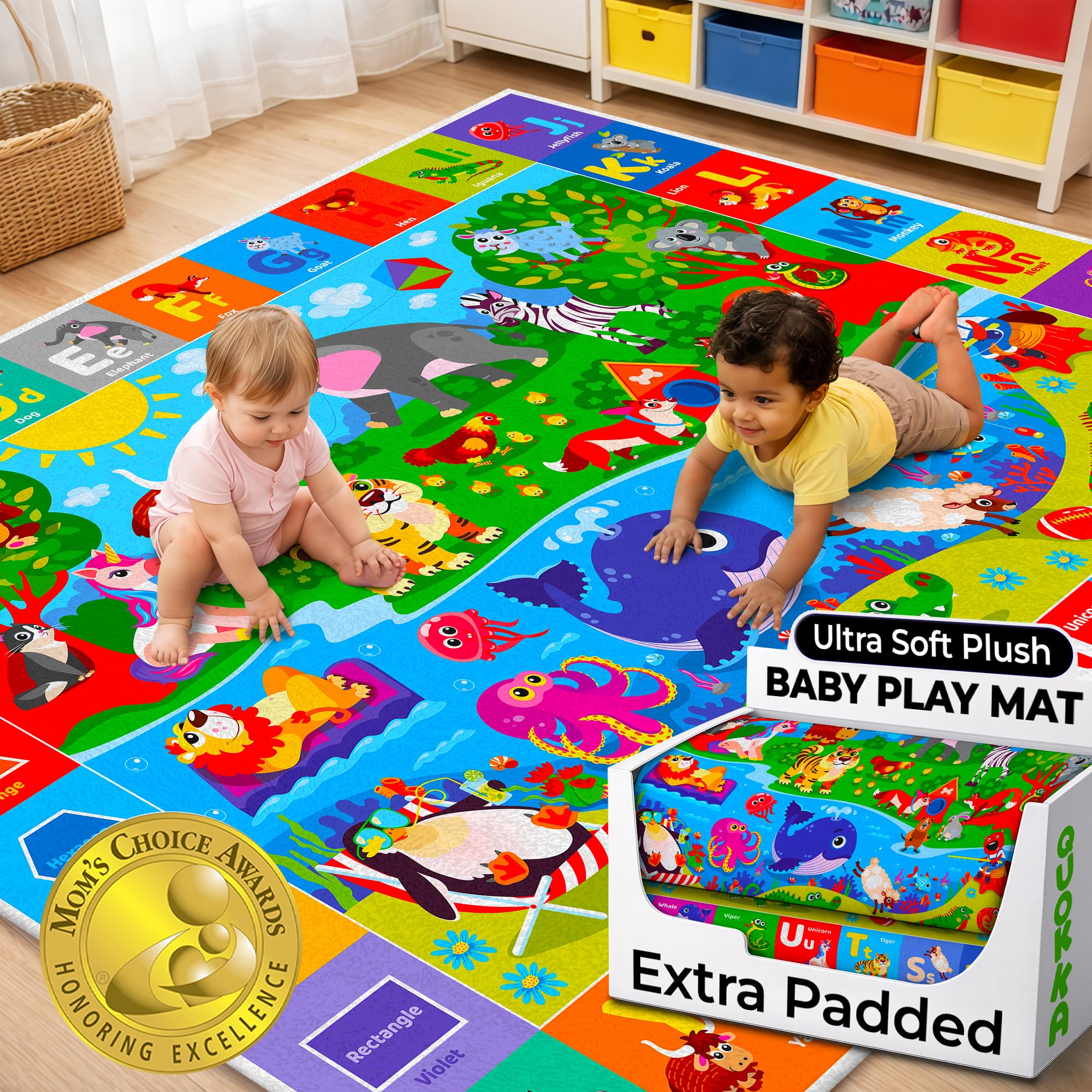 Baby Play Mat for Floor by QUOKKA - ABC Rug For Kids Room Gym Educational Learning Area – Non-Slip Play Mat For Toddlers Babies Playroom – Padded Baby Crawling Mat