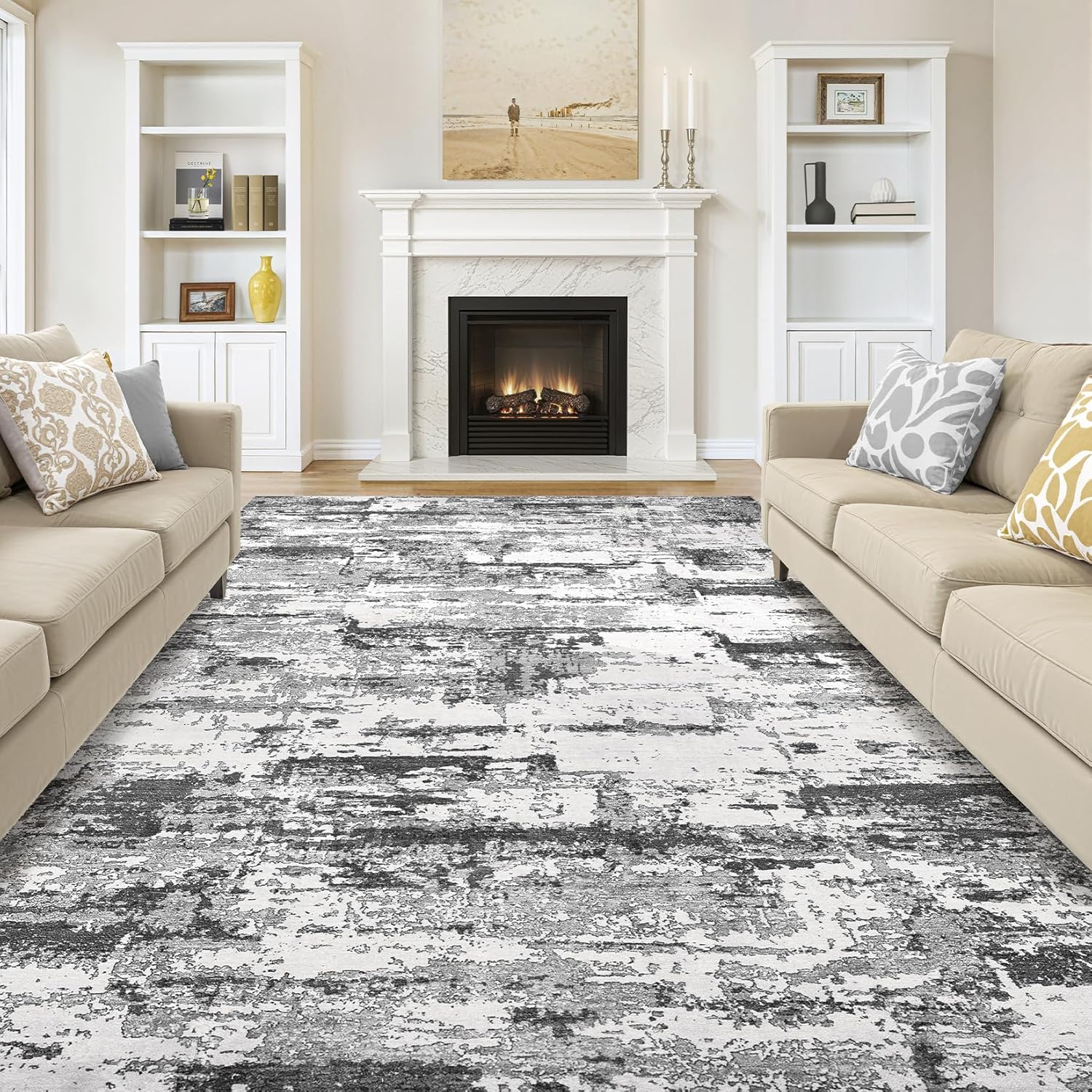 Area Rugs for Living Room: 5x7 Abstract Washable Rug Modern Neutral Large Soft Stain Resistant Non-Slip Backing Machine Table for Bedroom Dining Room Indoor Home Office Carpet - Black Grey - Image 9