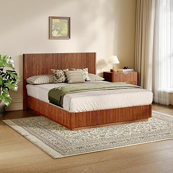 Queen Bed Frame, Wooden Queen Size with LED Lights & Fluted Design, Modern Platform Bed Frame with Curved Lines Headboard, Heavy Duty Steel Slats, No Box Spring Needed, No Noise (Walnut)